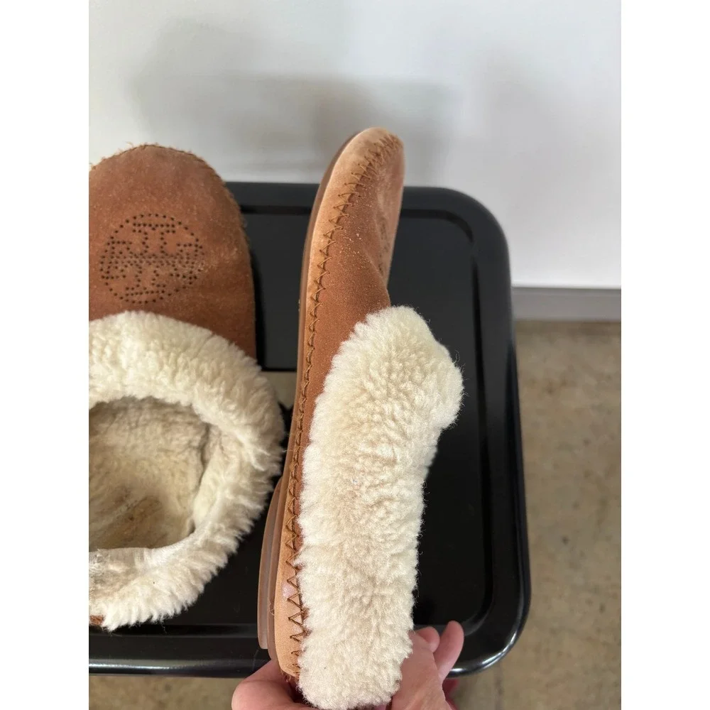 Tory Burch Tan Suede Shearling Lined Logo Moccasin Slippers Mules Womens 9.5in